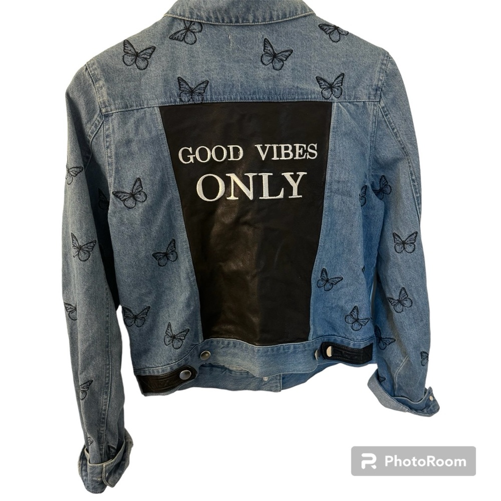 Good vibes only butterfly jean jacket